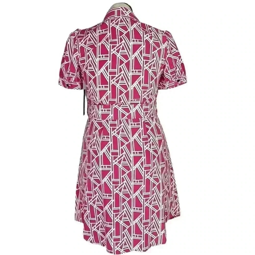 Karl Lagerfeld Logo Print Shirtdress Women 10 Pink Button Front Short Sleeve NEW - Picture 6 of 9